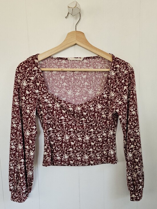 Lush Tops - LUSH Maroon Floral Long Sleeve Crop Top